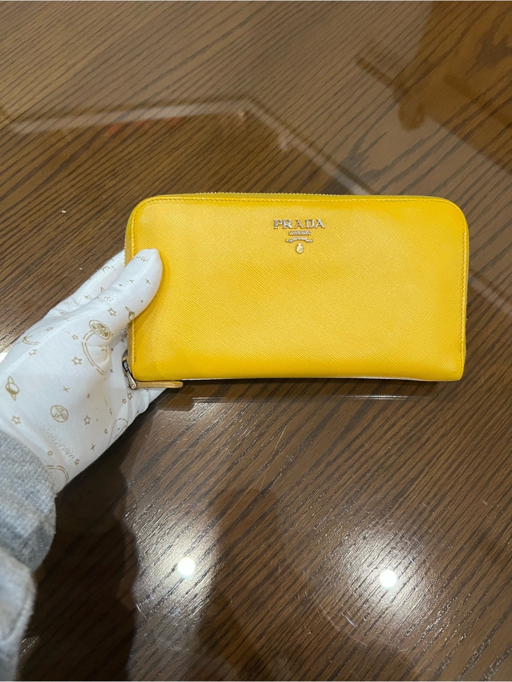 Prada Yellow Saffiano Zip Around Wallet authentic